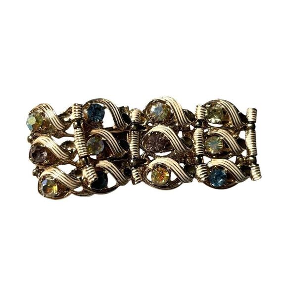 Mode-Art Pastel Rhinestone Link Bracelet Bangle Gold Tone Jewelry Costume - Picture 3 of 8